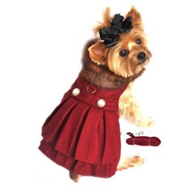 Wool Fur-Trimmed Dog Harness Coat (Color: Burgundy, size: X-Small)
